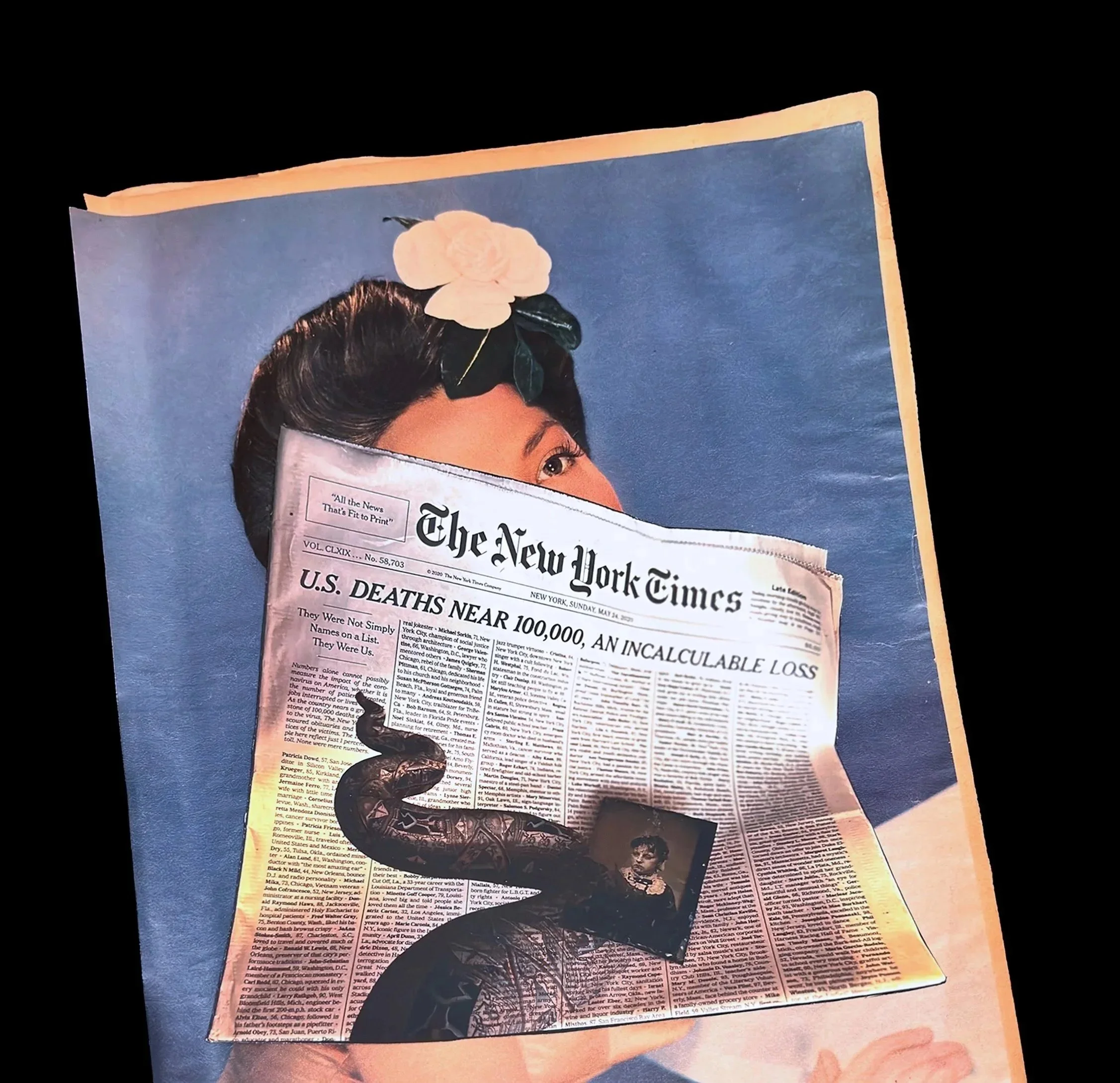 NY Times cover image about Covid 19 deaths with added imagery related to grief 