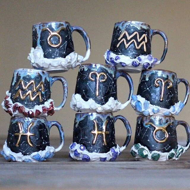 Happy Friday! Pre-orders open tomorrow at 12 pm eastern. These are the first 8 mugs: Birthstones January -April with corresponding Zodiac signs. 💕 The next batch will be available in two weeks. There&rsquo;s a three month lead time from the date of 