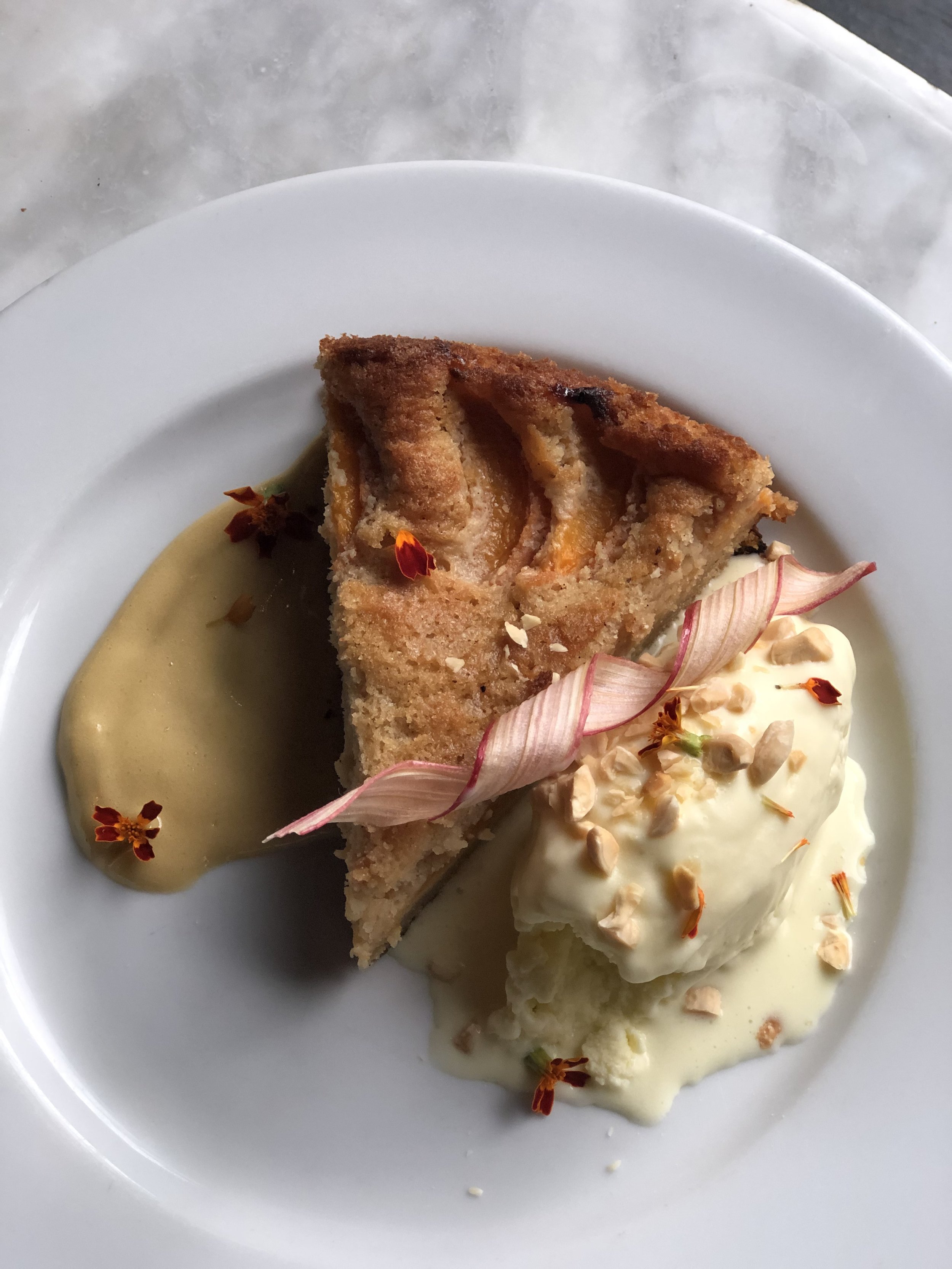  apricot-brown butter cake • olive oil ice cream • sherry sabayon • rhubarb ribbon 