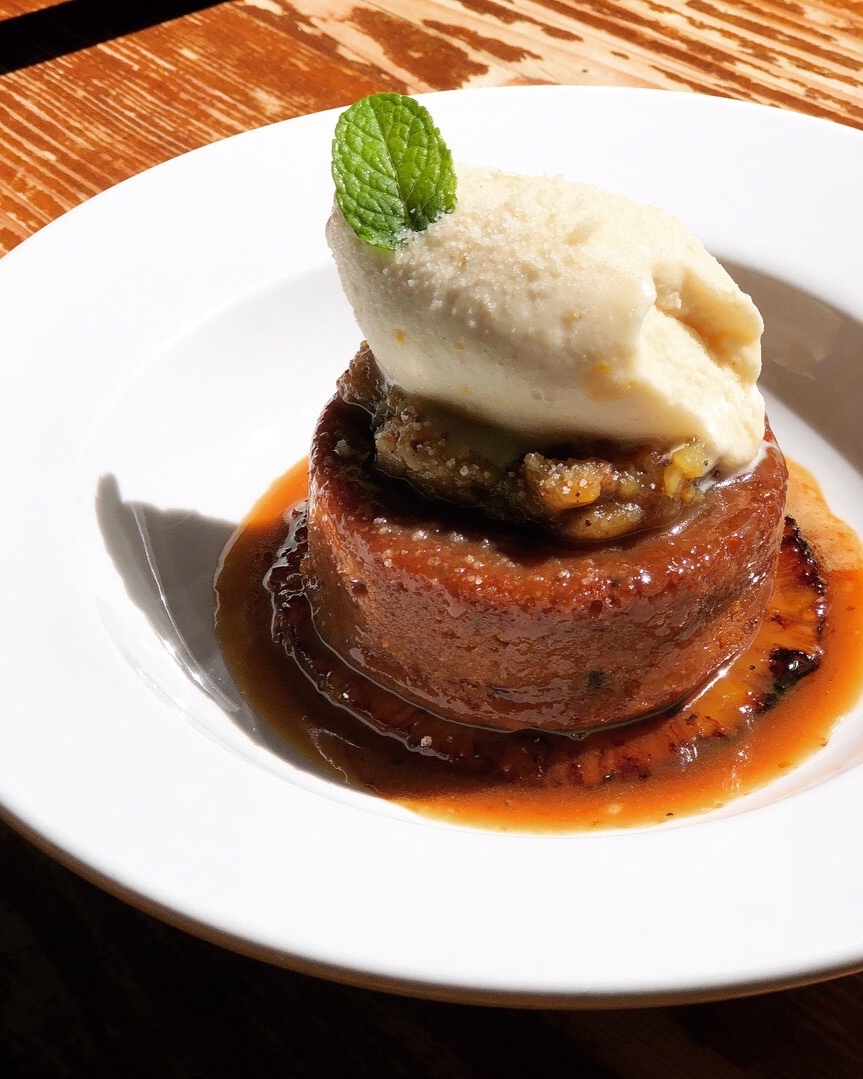 date cake • bruleed pineapple • rum toffee • lemon-ginger sherbet • ginger sugar