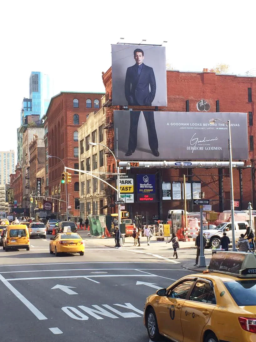 Featured Artist for the Goodman campaign for Bergdorf Goodman. Billboard on Lafayette and Great Jones Street in SOHO New York City ( A Goodman Looks Beyond The Canvas - Jason Bard Yarmosky / Artist / In Berluti )