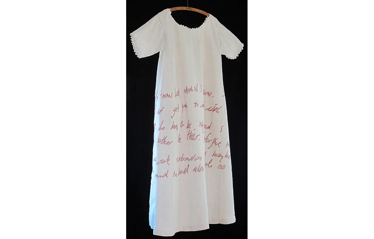 Unborn Child 3 , Embroidery on old cotton gown with old wooden hanger, back, 46" x 31" dress only, 51" x 31" with hanger