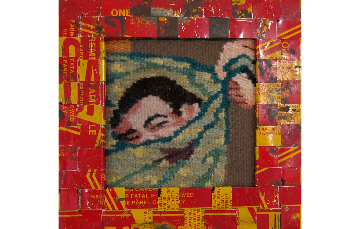 Gasoline Can Series, 17, Tapestry and cut up strips from gas cans woven into frames, 8.25" x 8.5"
