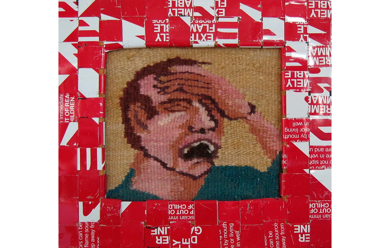Gasoline Can Series, #13 , Tapestry and cut up strips from gas cans woven into frames, 8.625" x 9.25"