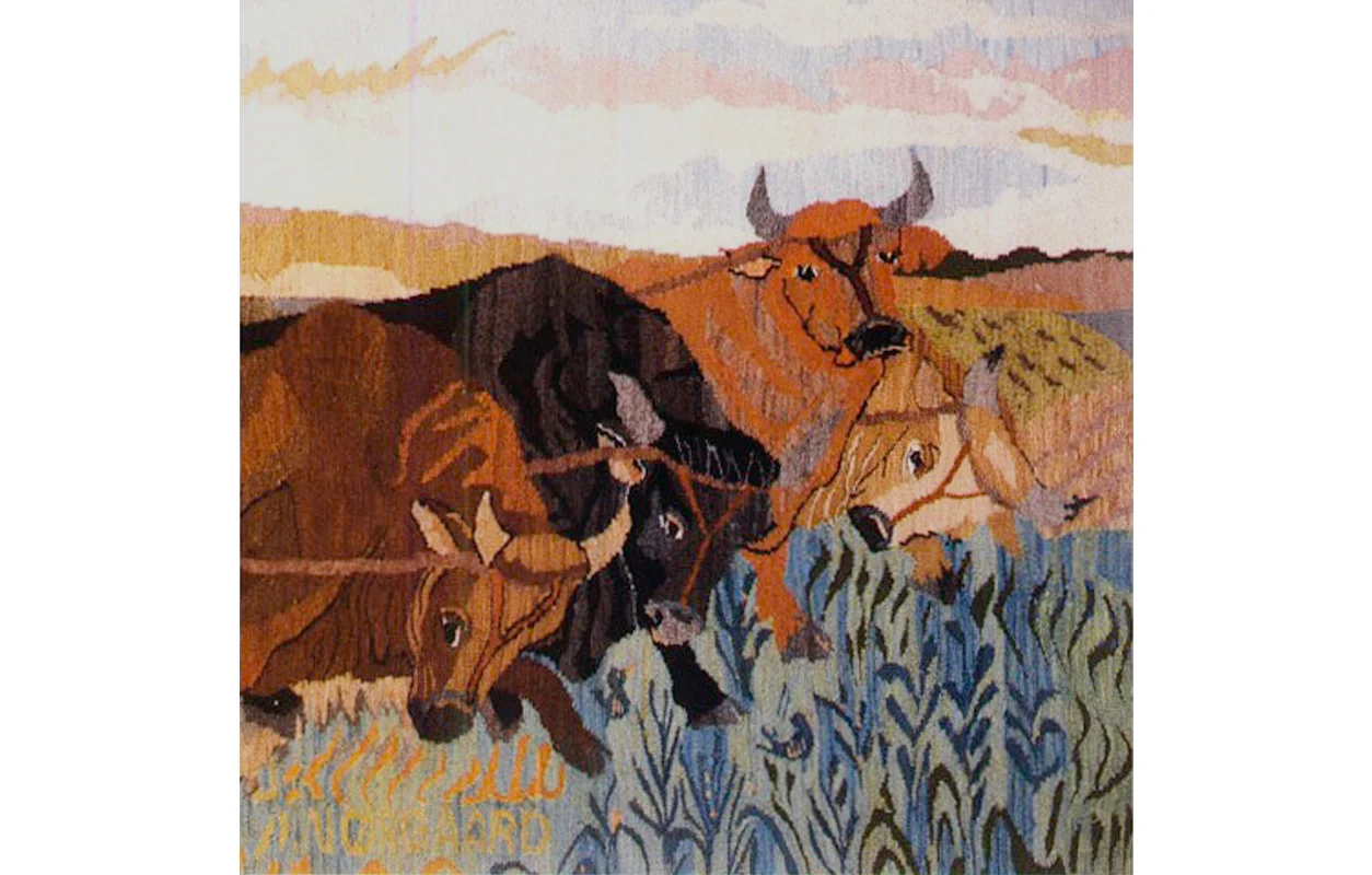 Gefion and Her Four Bull-Oxen , detail, Tapestry wool on cotton, 48" x 120"