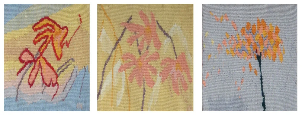 Spring Flowers 1 , 6.75" x 6.5" Spring Flowers 2 , 7.25" x 6.5" Spring Flowers 3 , 6.75" x 6.5" Tapestry, wool on cotton