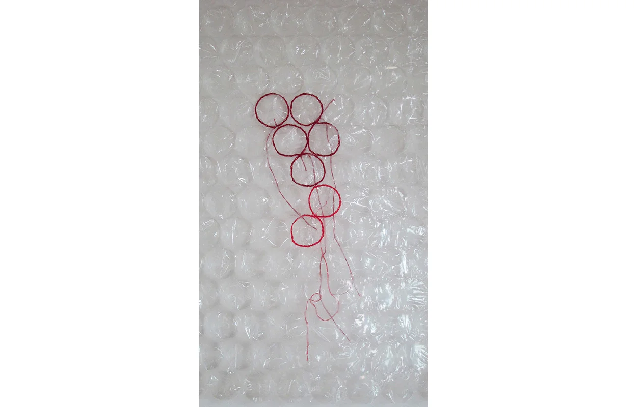 Capture Bubbles 1 , detail, embroidery thread on bubblewrap,15.5" x 6.5"