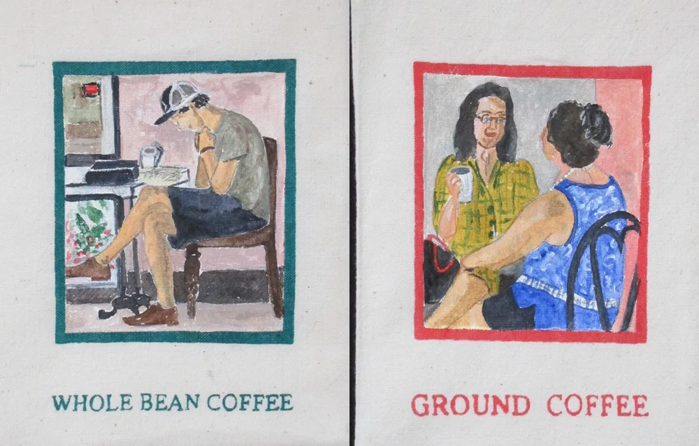 Coffee Break , detail, number 12 & 11, acrylic on recycled cotton coffee bags