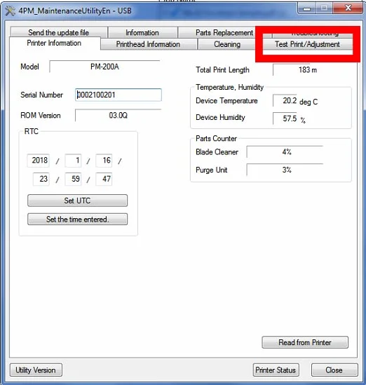 Figure 22: Test Print/ Adjustment tab location