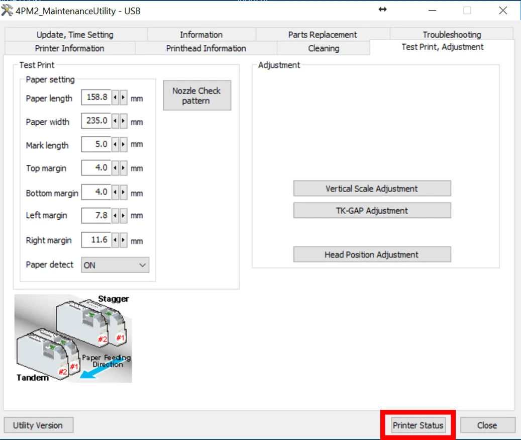 Figure 1: Maintenance Utility Printer Status button location (red)