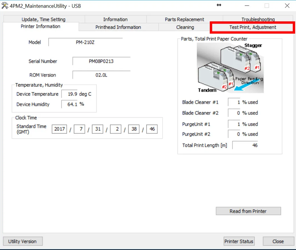 Figure 6: Test Print/Adjustment tab location