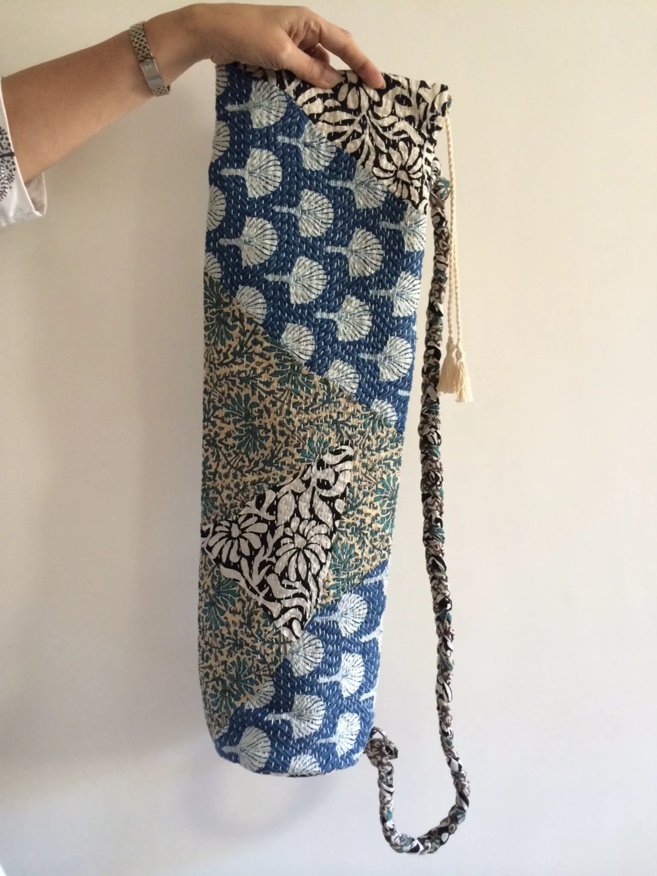 One of Arushi's patchwork yoga mat bags.