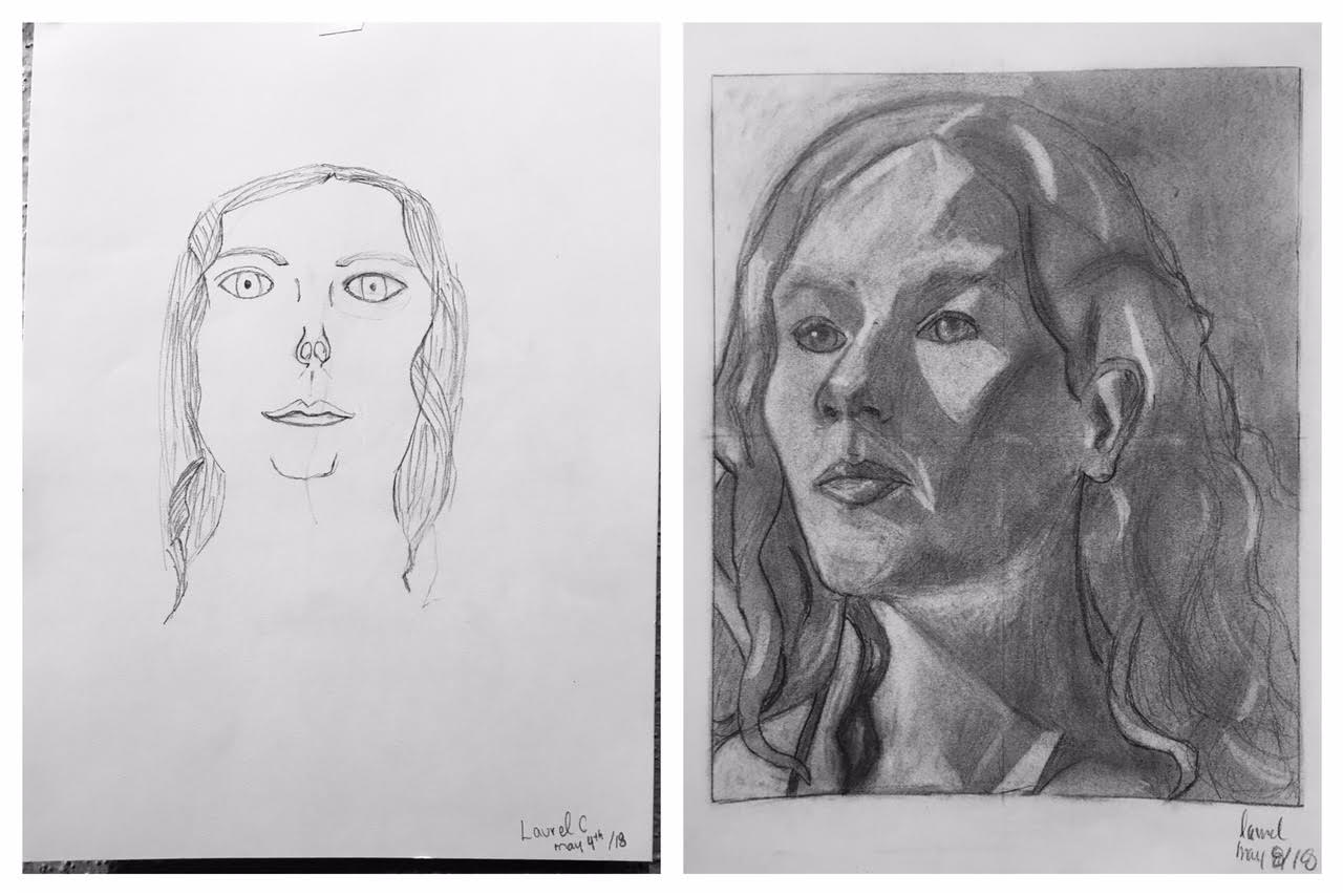 18 year old Laurel's Before and After Self-Portraits May 2018