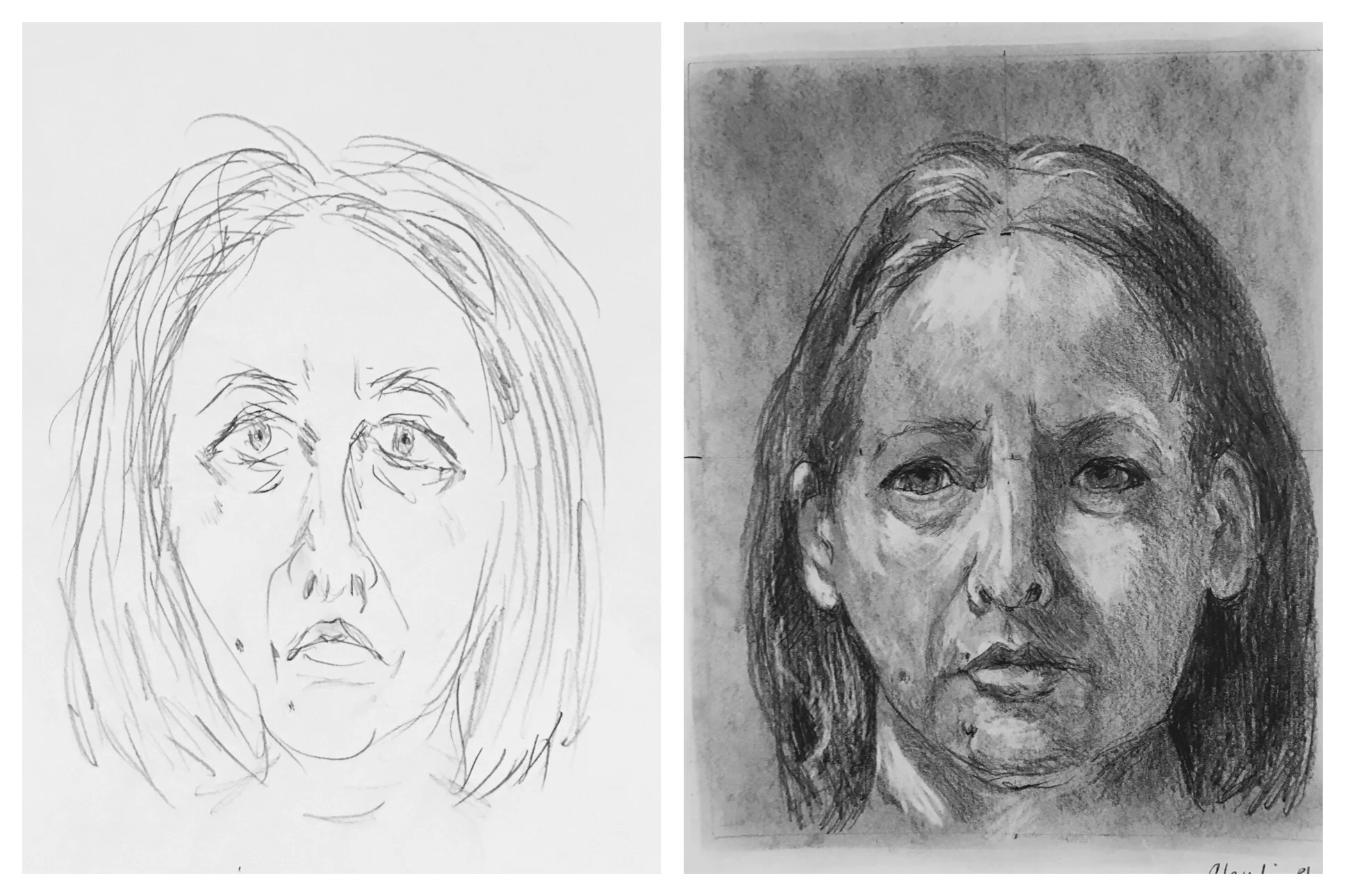 An example of a “before” and “after” self-portrait by a student using the Drawing on the Right Side of the Brain methods developed by Betty Edwards and taught by Brian Bomeisler. This remarkable transformation occurred after only 5 days.