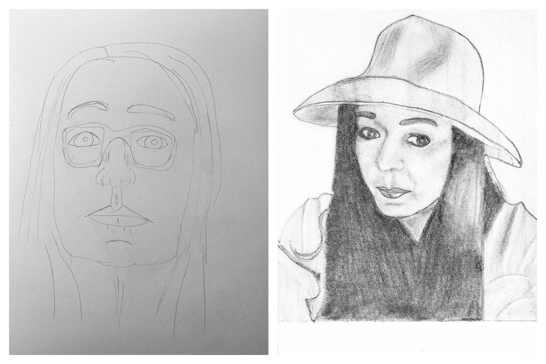 Christine's before and after self-portraits June 7-12, 2021