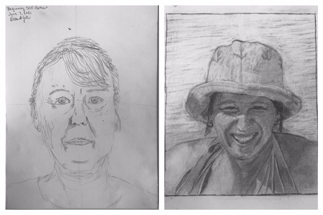 Nan's before and after self-portrait drawings June 7-12, 2021