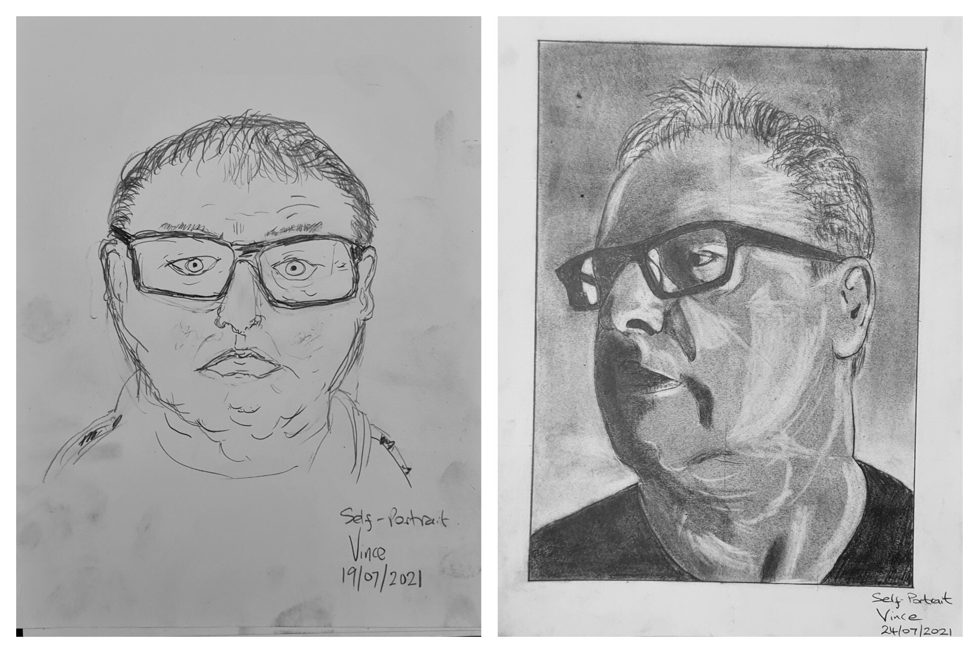 Vince's before and after self-portraits July 19-24, 2021