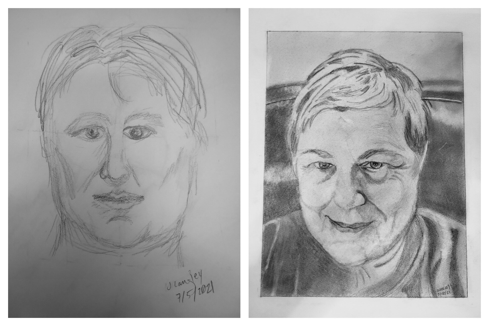 Jennifer's before and after self-portraits July 2021.