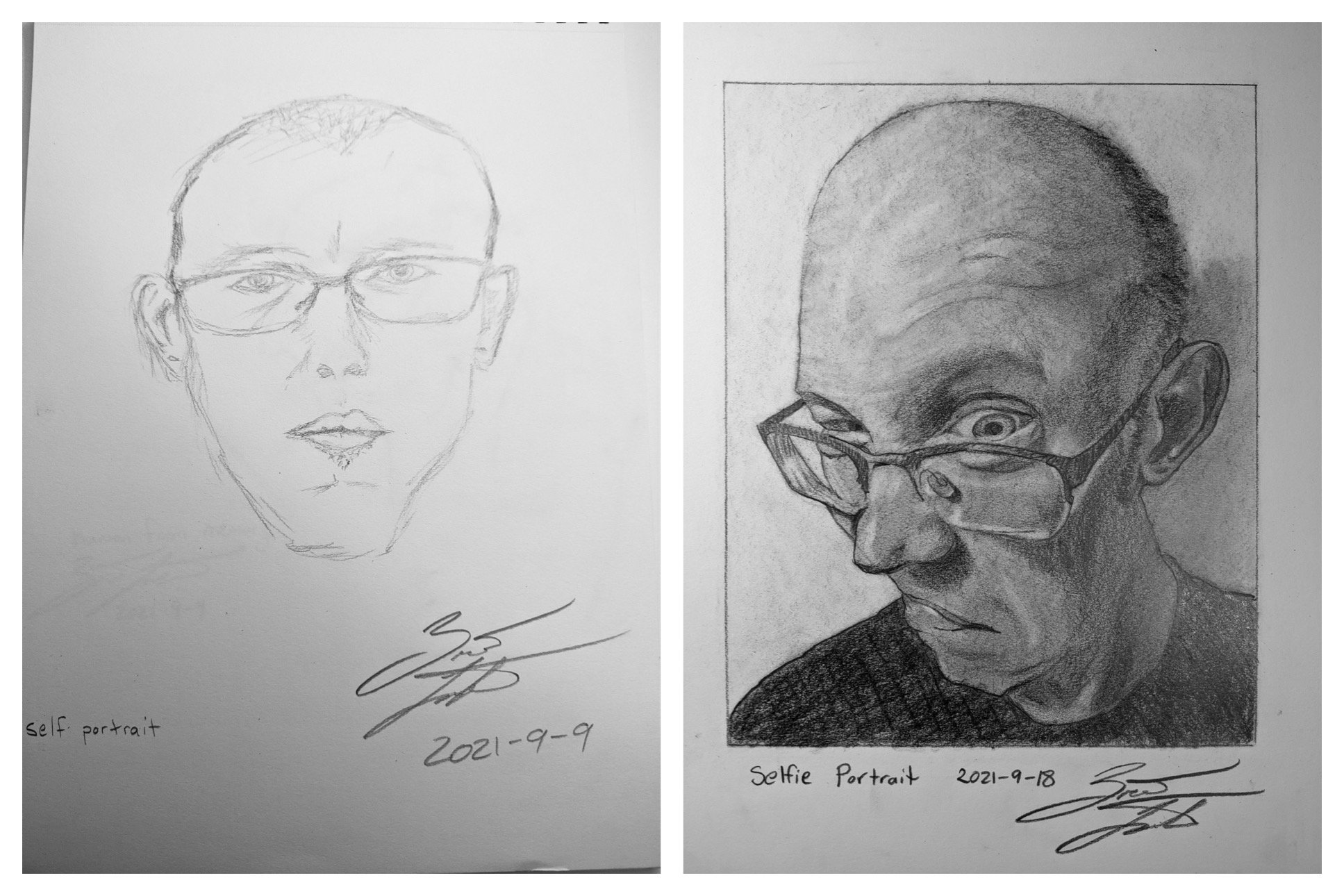 Brenton's Before and After Self Portrait Drawings September 13-18, 2021