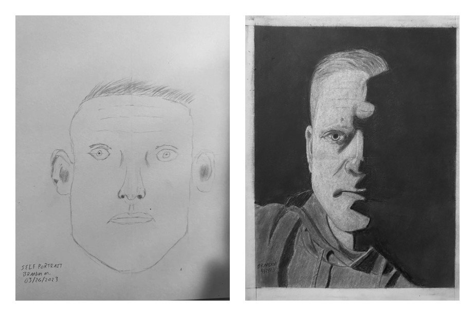 Brandon M's Before and After Self-Portrait Drawings