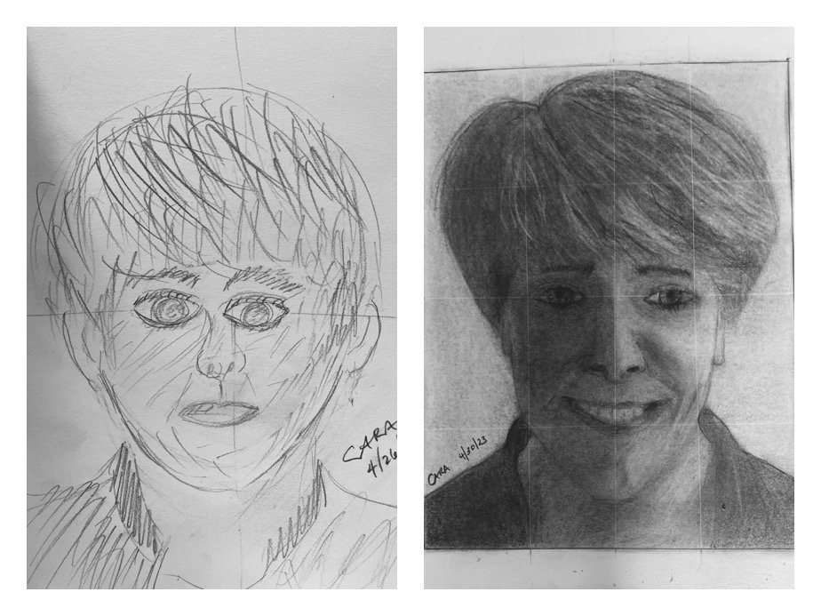 Cara's Before and After Self-Portrait Pencil Drawings
