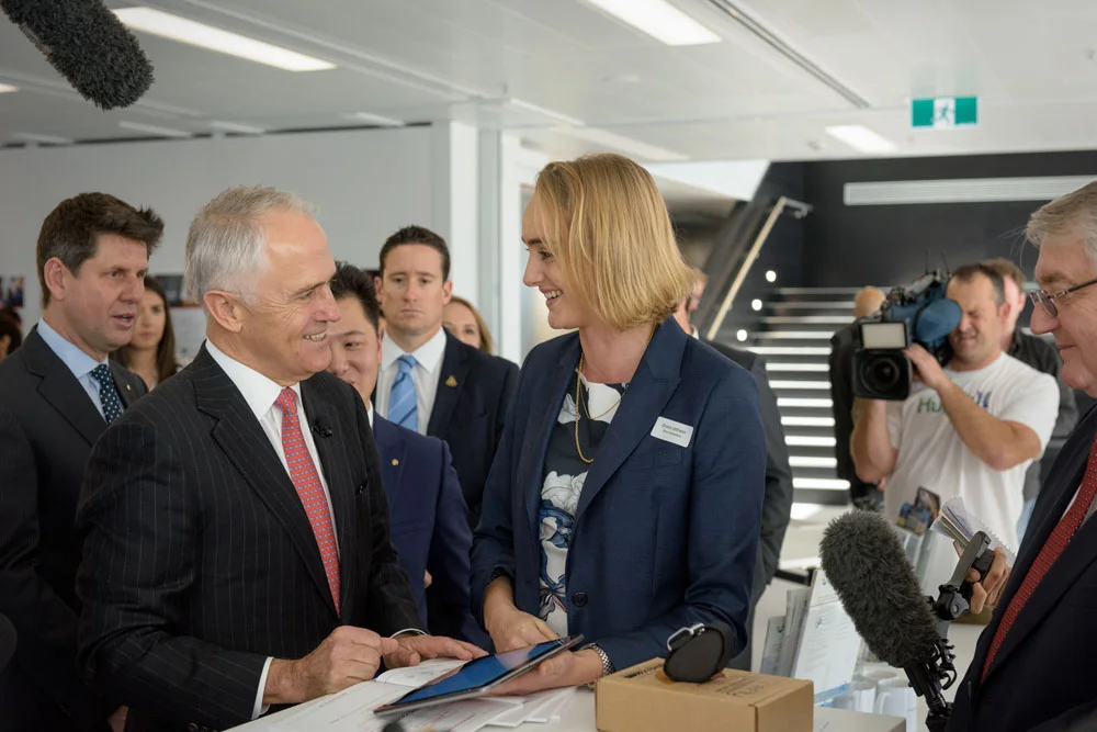 Business Development Manager Grace Lethlean explaining the Grey business model to Prime Minister Malcolm Turnbull as he seeks out leading Australian innovation.