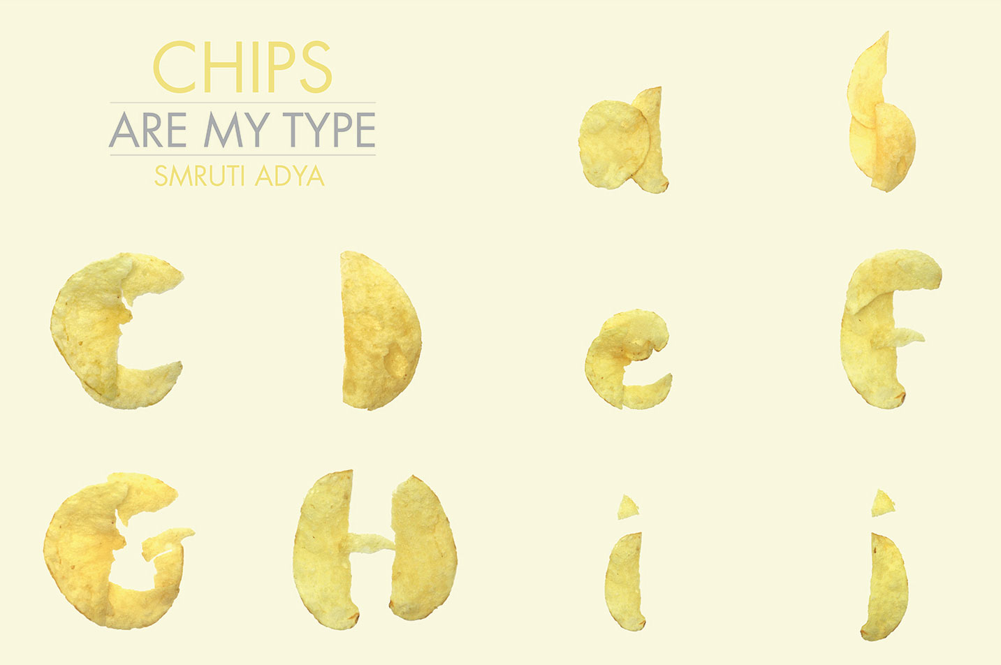 Section of MFA Products of Design student Smruti Adya's "Chips Are My Type" typographic exercise, representing the alphabet in potato chip fragments.