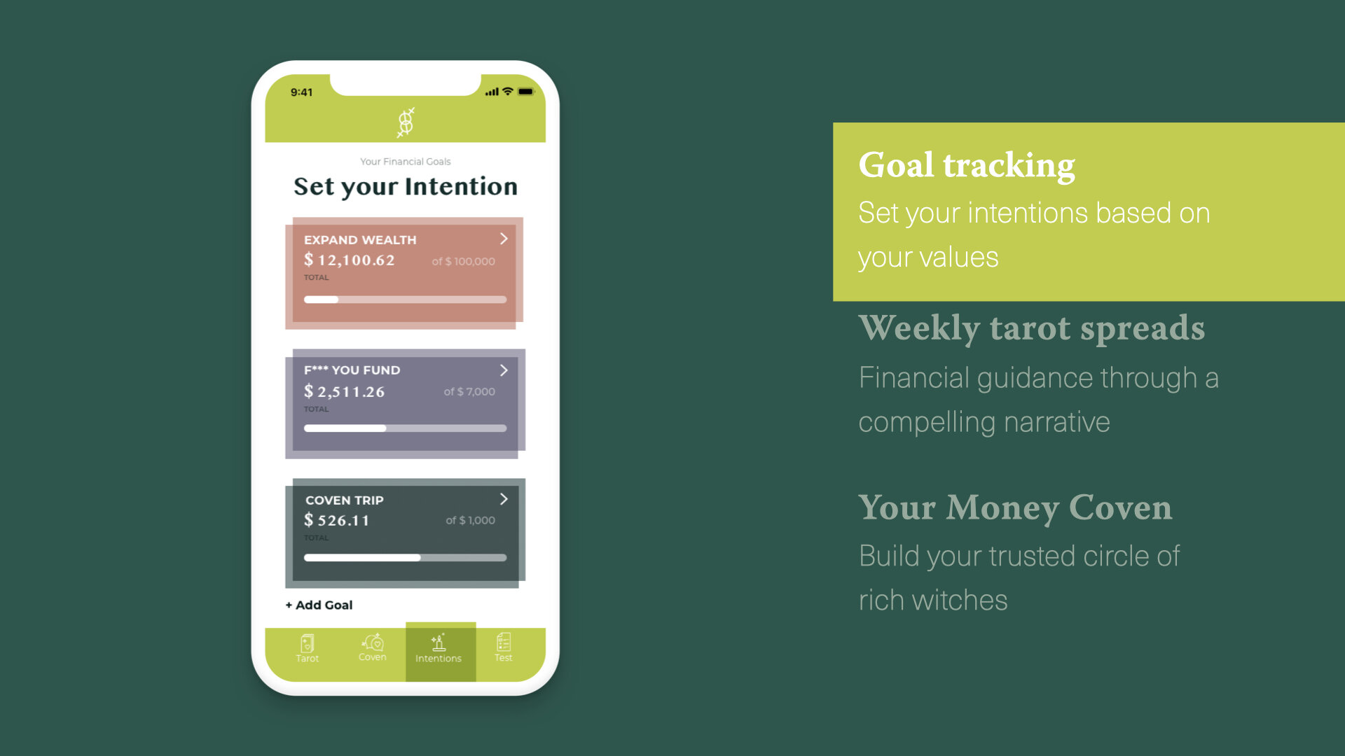 Money Coven app rendering. goal tracking.
