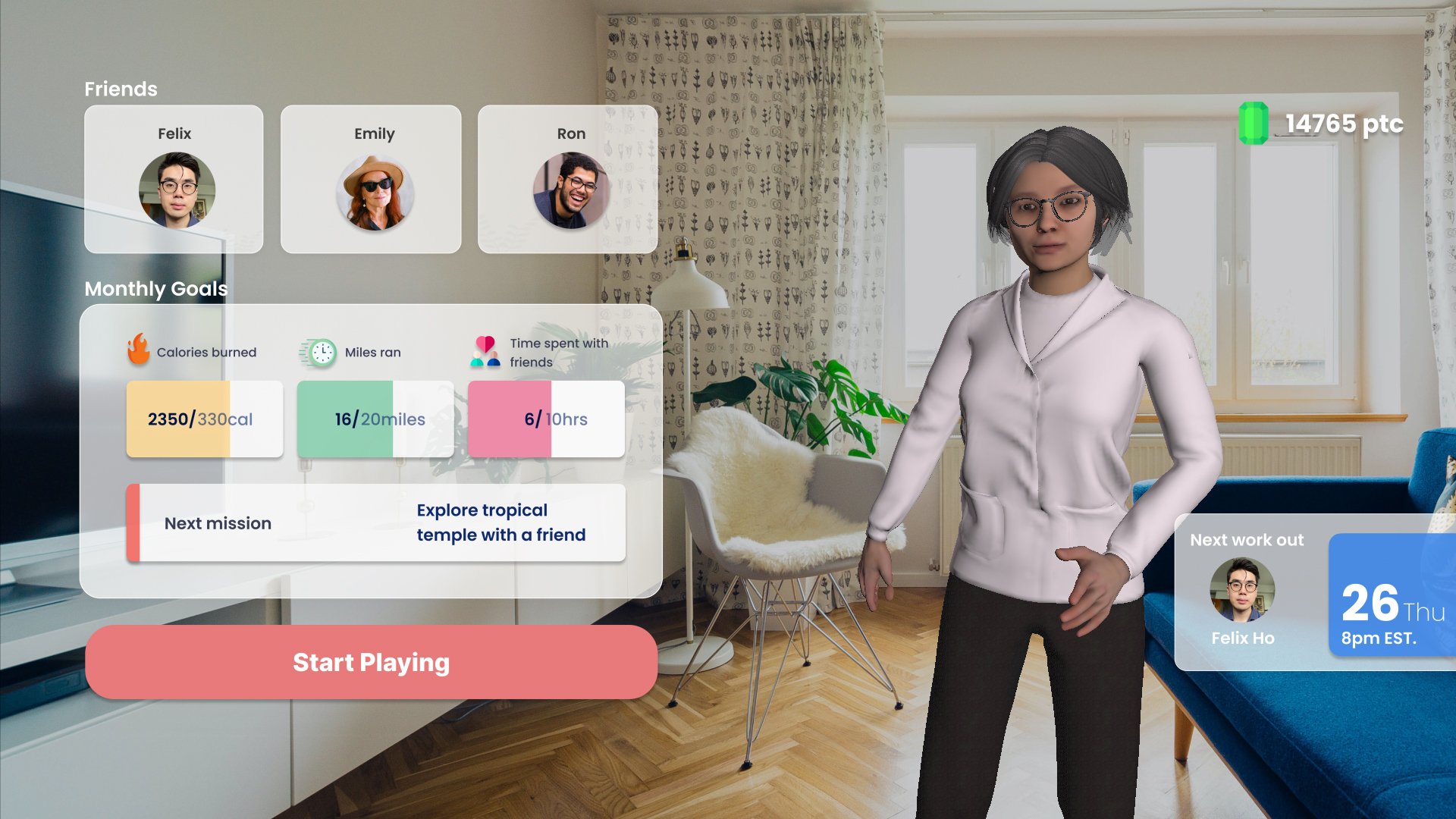   Vida  is an AR game that allows people to exercise collaboratively and feel the presence of their loved ones living far away. During his research, Felix found that his virtual meetings with his family members across the globe became mundane because