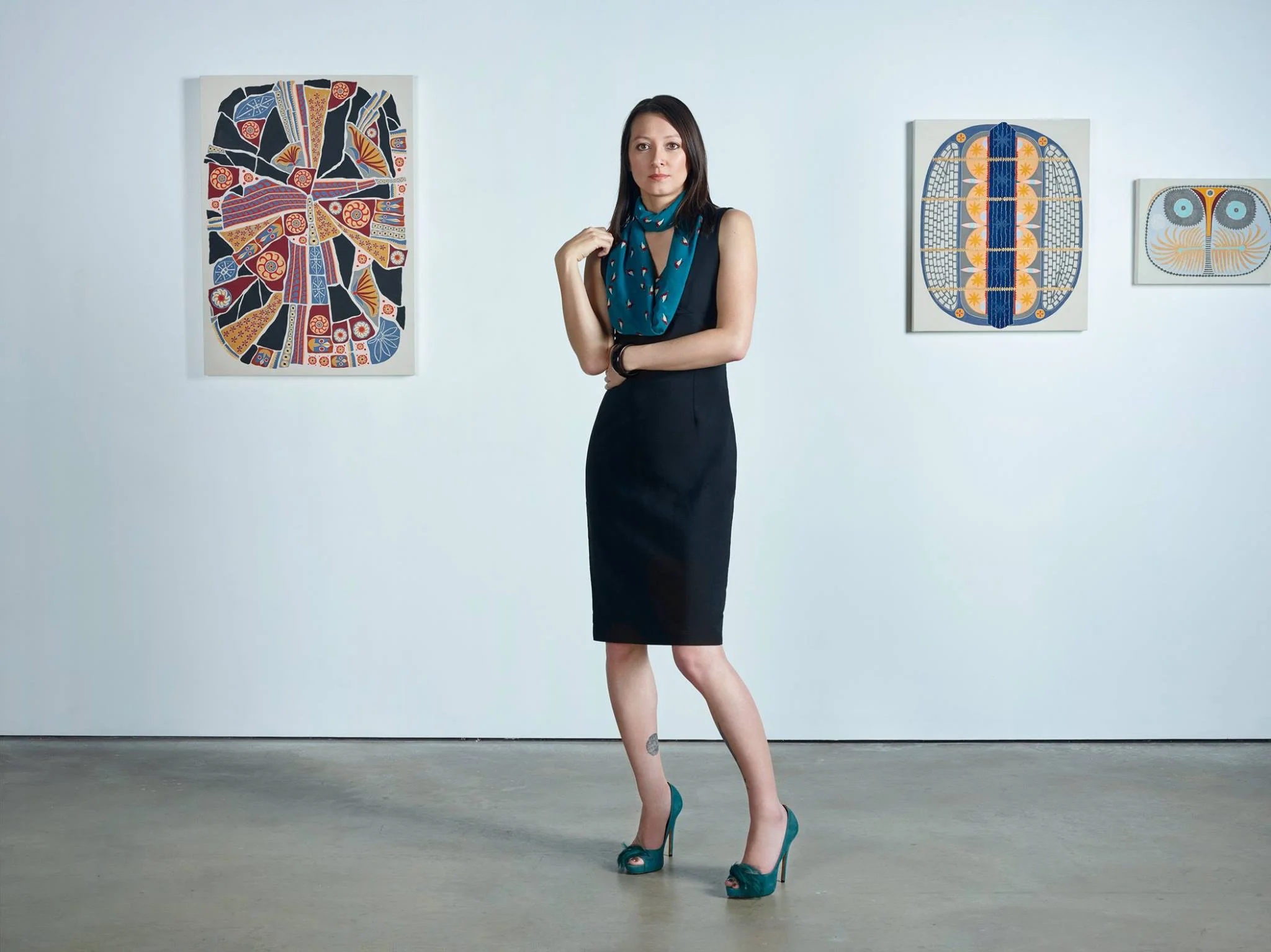 Cindy Lisica with artwork by Catherine Colangelo. Photo by Jan Rattia, 2017.
