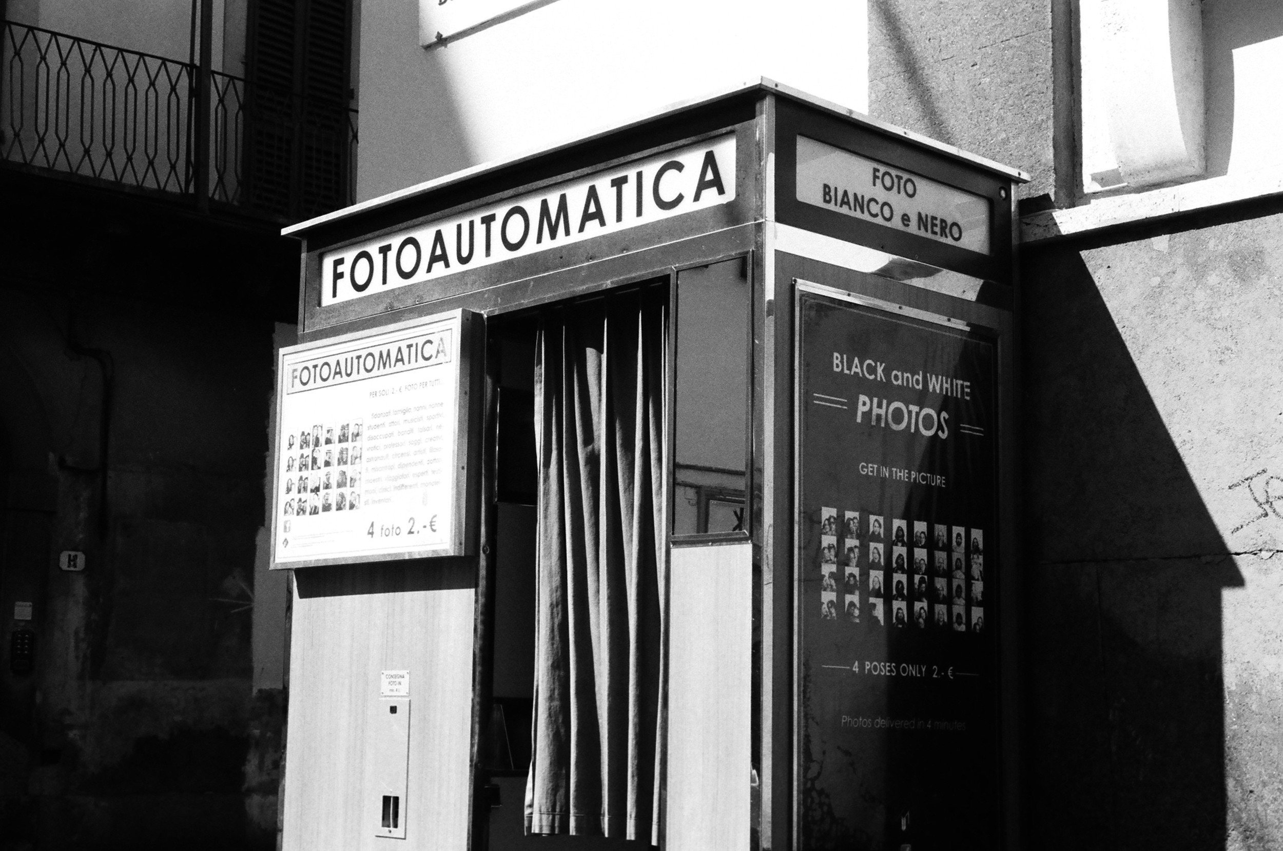 A B&W photo booth in the center of Florence near the Piazza di Sante Croce