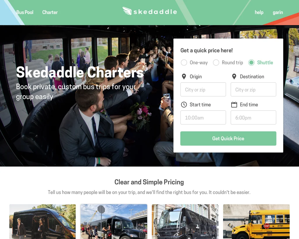 A widget goes on the main landing screen for Charter that allows a user to enter the base amount of information and go to the following page to see their bus options with price ranges.