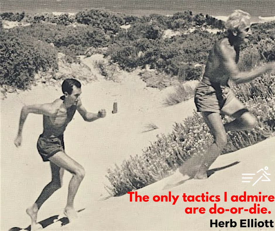 Herb Elliott (left),1960 Olympic Gold Medalist (1500m) and former World Record Holder (1500m & 1 Mile), chases his coach, 50 years his senior, Percy Cerutty (right) up sand dunes in Portsea, Australia during a potent training session typical of Cerutty's innovative and avant-garde compeitive preparation approach.