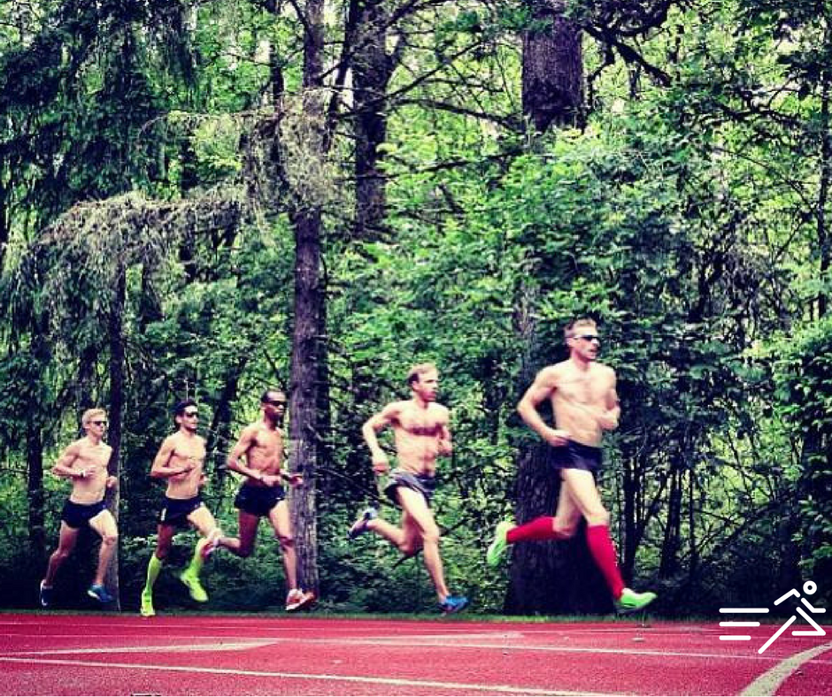 Long before they were known as Bowerman TC, the cohort of professional runners coached by Jerry Schumacher were simply known as "Jerry's Guys" around the Portland area. This photo is from 2013 (left to right: Matt Tengenkamp, German Fernandez, Simon Bairu, Alan Webb, and Chris Solinsky). 