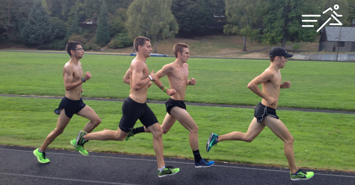 T-Roy Brown (2nd from left) runs powerfully with his Portland State Vikings teammates circa 2014 XC season at the famed Duniway Park track in downtown Portland, Ore.