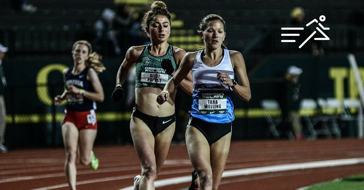 Tara Welling (blue top) leads Alexi Pappas at the 2016 Oregon Relays in the Women's 5,000m. Photo Courtesy of TrackTownPhoto .