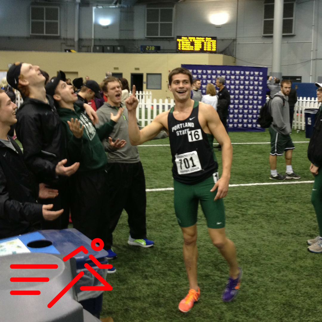 T-Roy Brown (right) shares a fun moment with his Portland State teammates after his then-school record in the Men's 3,000m run in 2014.