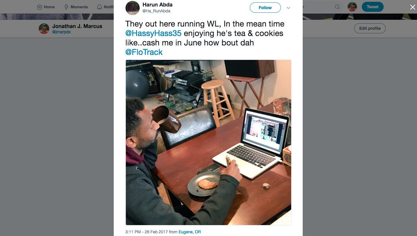 Tweet dated Feb. 26th, 2017 by Oregon TC Elite 800m man Harun Abda .
