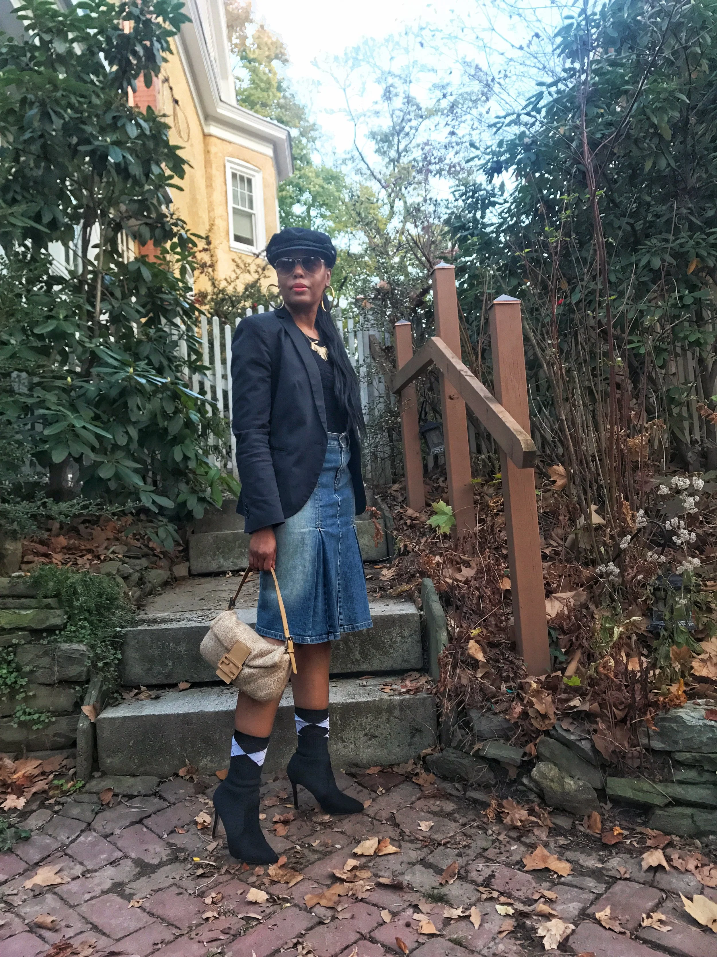  Denim Skirt (Levi's)(old) Alternatives  here  | Top (DKNY)(old) | Blazer(Forever21) Alternative  here  | Newsboy Cap (Primark) Alternative  here  | Booties (TJ Maxx) Alternative  here  | Bag (Fendi) 