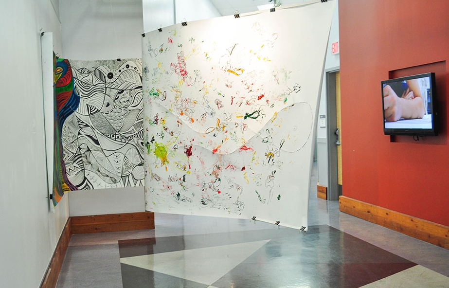 Freedom Versus Control (Installation View), 60x300", Drawing paper, Acrylic paint, Permanent marker, Video, 2014, Mallory Donen, BFA Open House, UFV Building C, Abbotsford, BC