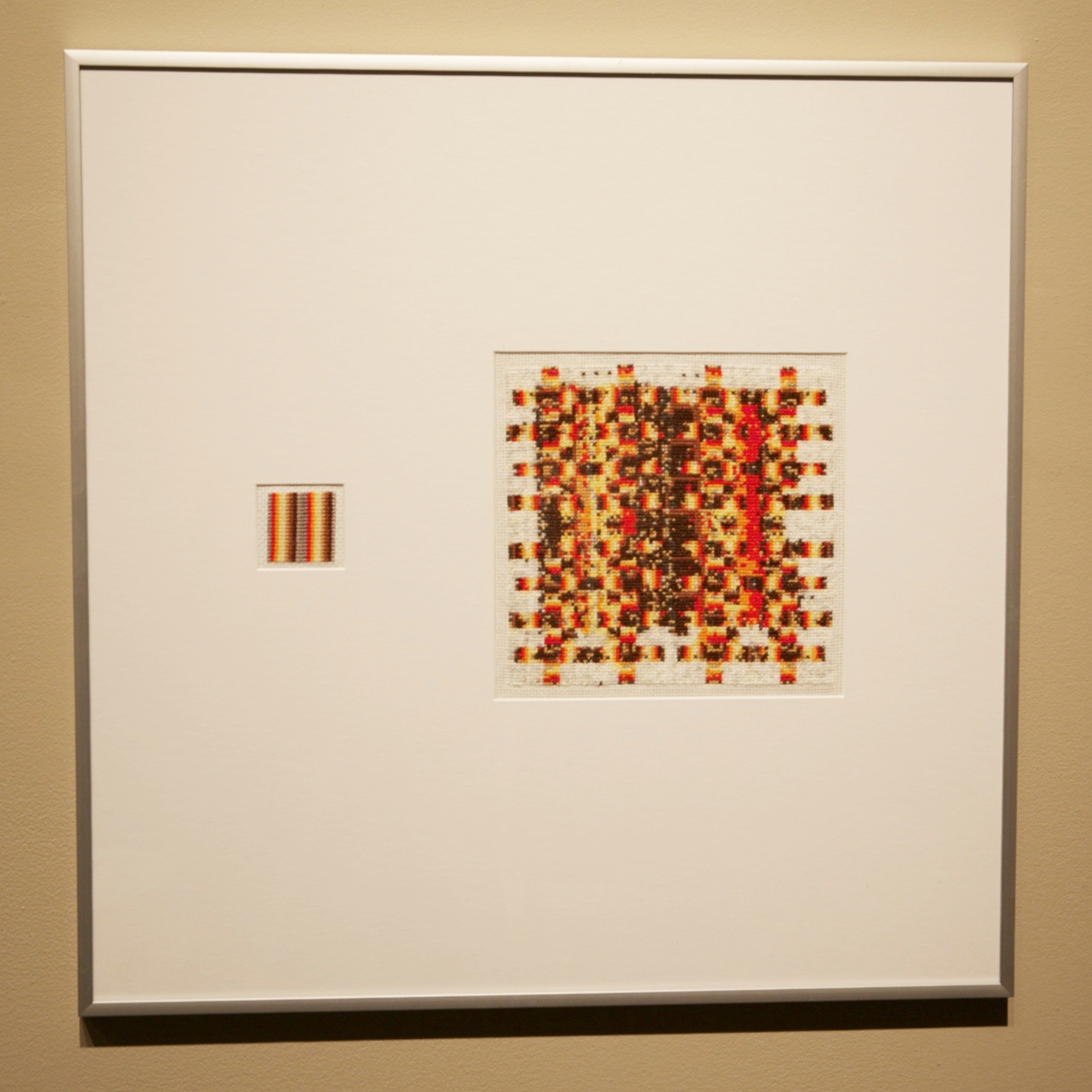 (2) When I Cross-Stitch I Feel Like a Machine: 50 Hours of Self-Love and Self-Reflection , 20”x20”, Embroidery floss on canvas, Mallory Donen, 2017