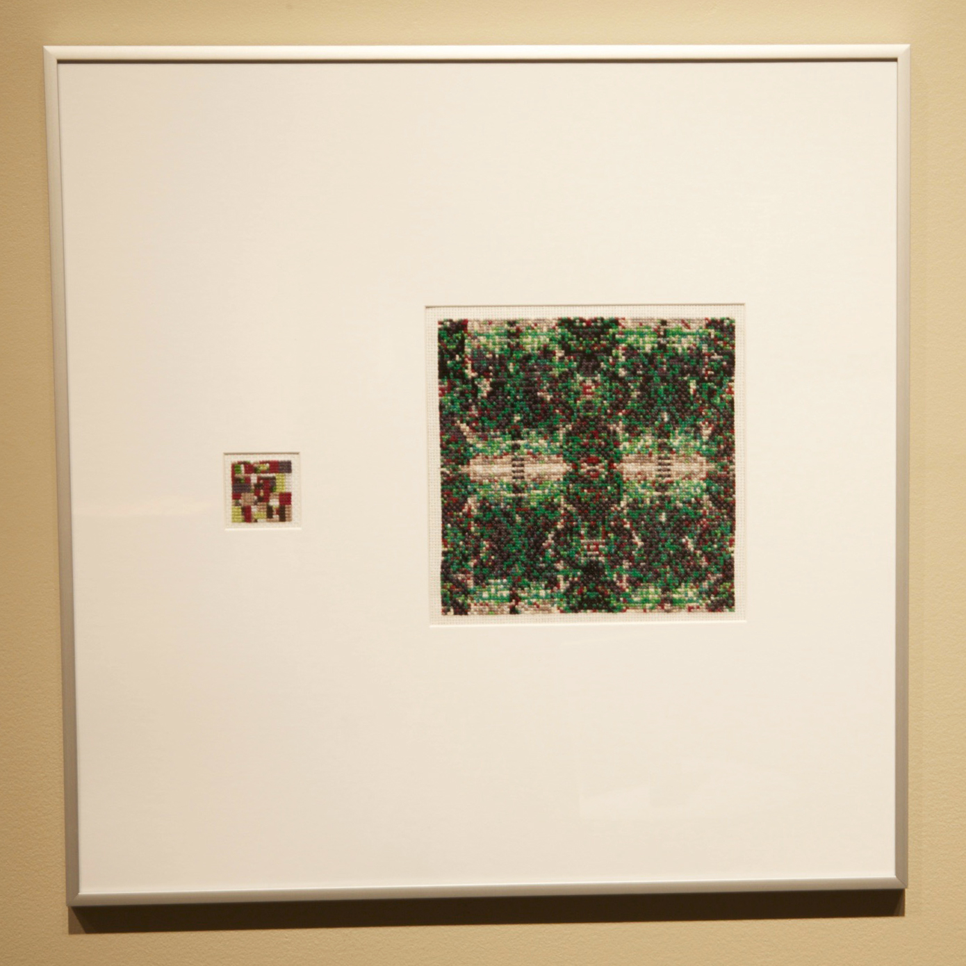 (1) When I Cross-Stitch I Feel Like a Machine: 88 Hours of Self-Love and Self-Reflection, 20 ”x20”, Embroidery floss on canvas, Mallory Donen, 2017