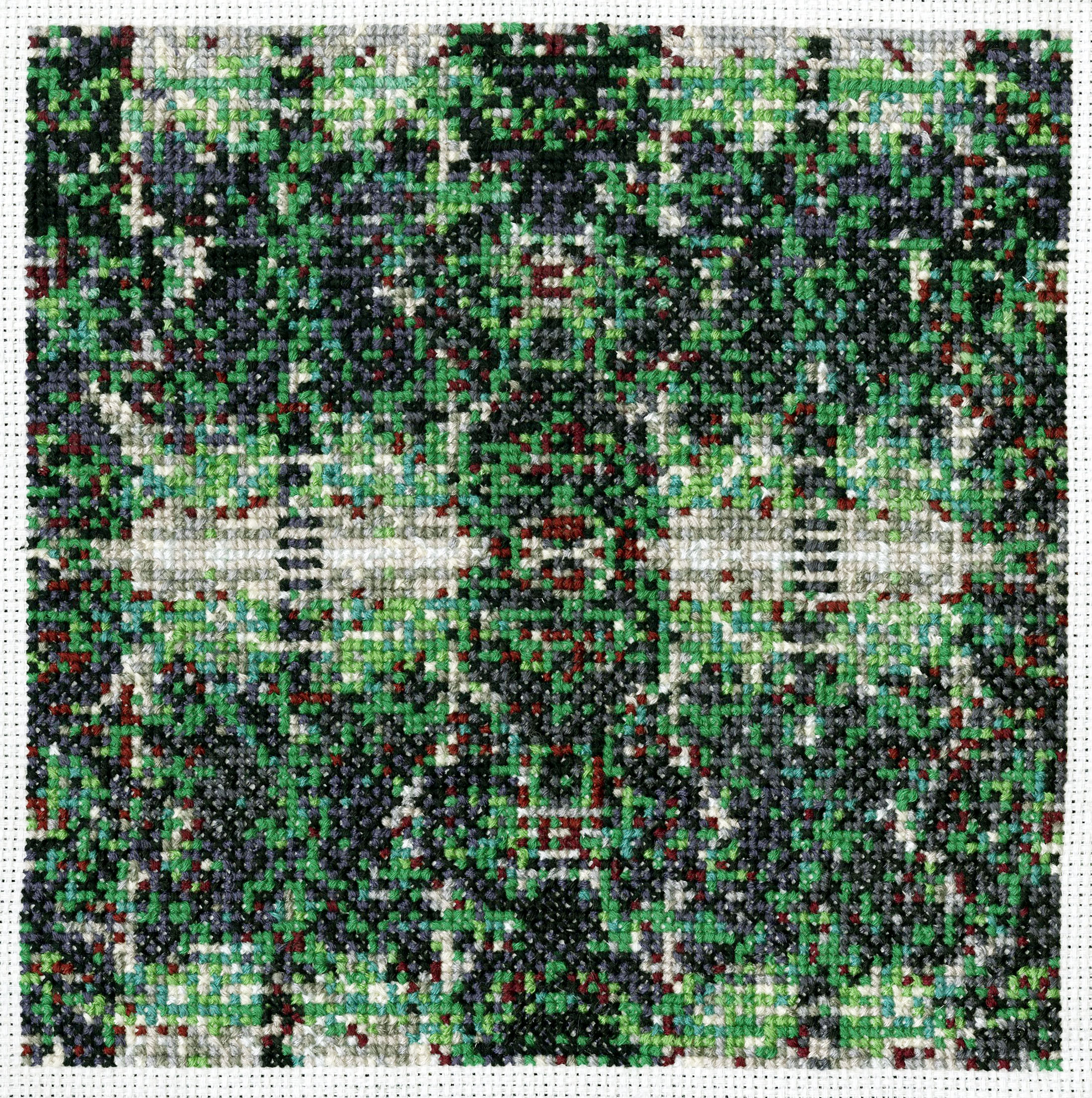 (1) When I Cross-Stitch I Feel Like a Machine: 88 Hours of Self-Love and Self-Reflection (Detail), 7”x7”, Embroidery floss on canvas, Mallory Donen, 2017