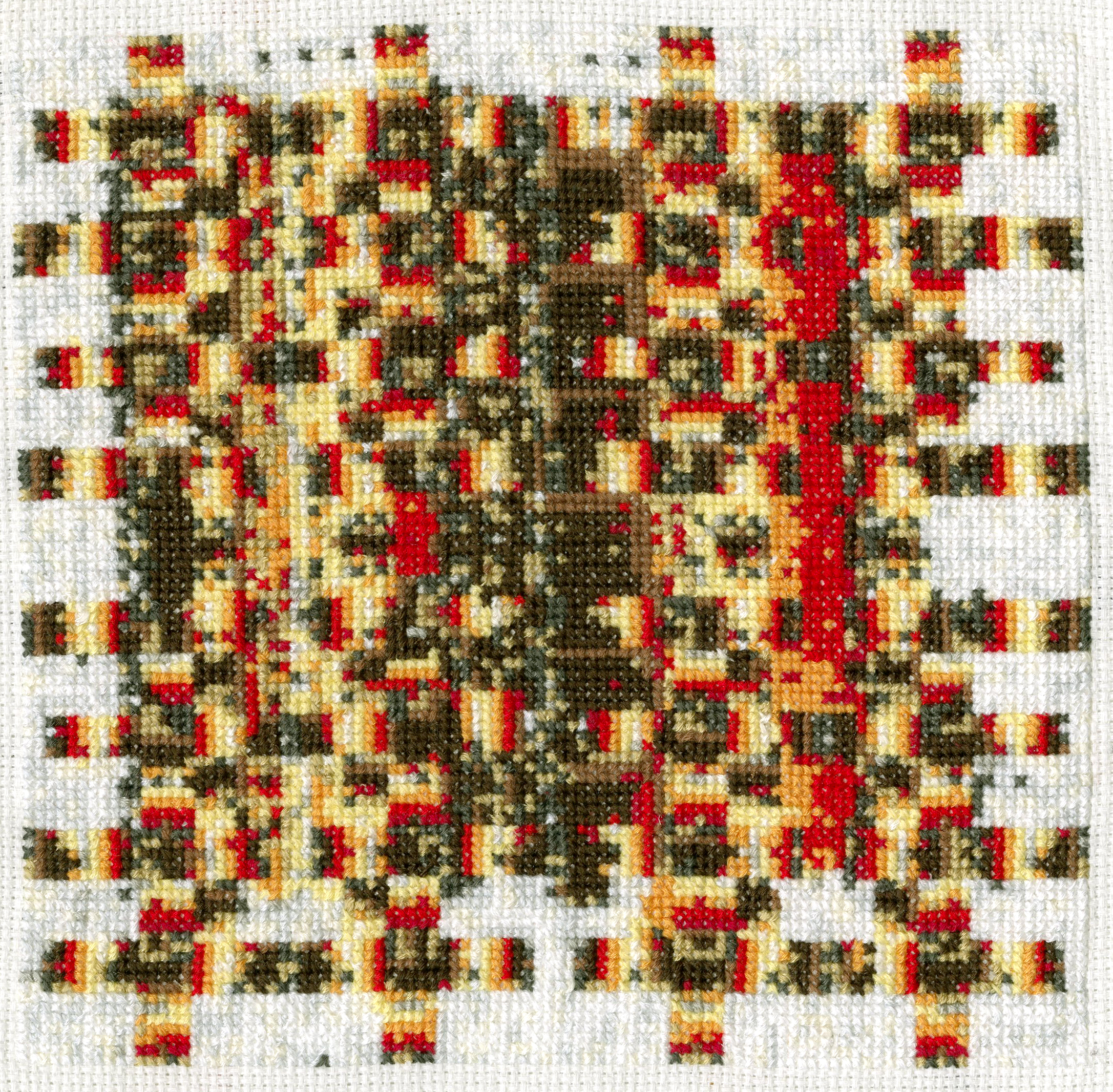 (2) When I Cross-Stitch I Feel Like a Machine: 50 Hours of Self-Love and Self-Reflection (Detail) , 7”x7”, Embroidery floss on canvas, Mallory Donen, 2017