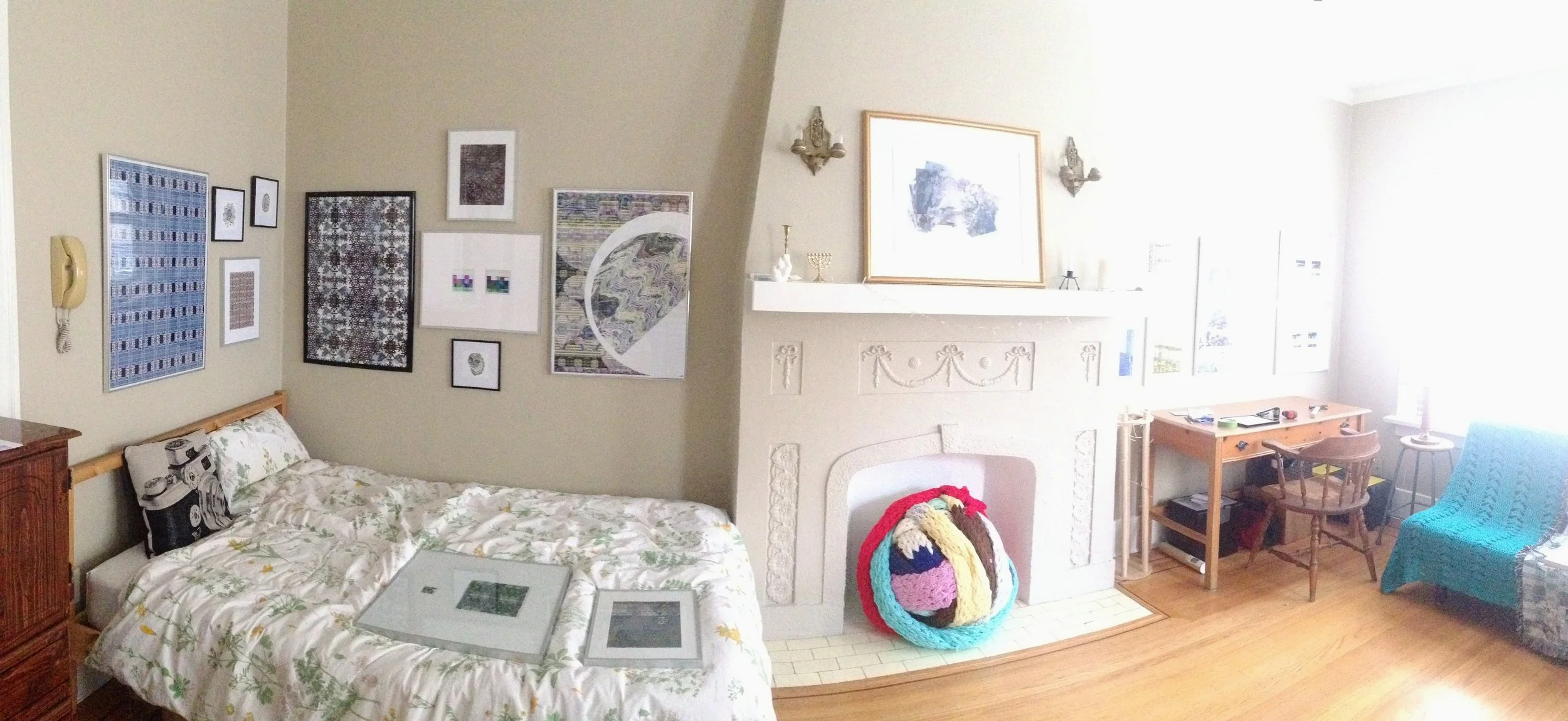  Everything hanging on the walls is art done by me. The piece on the mantle, above the fireplace, is by my cousin Marvyne Jenoff (http://www.marvynejenoff.org/).   