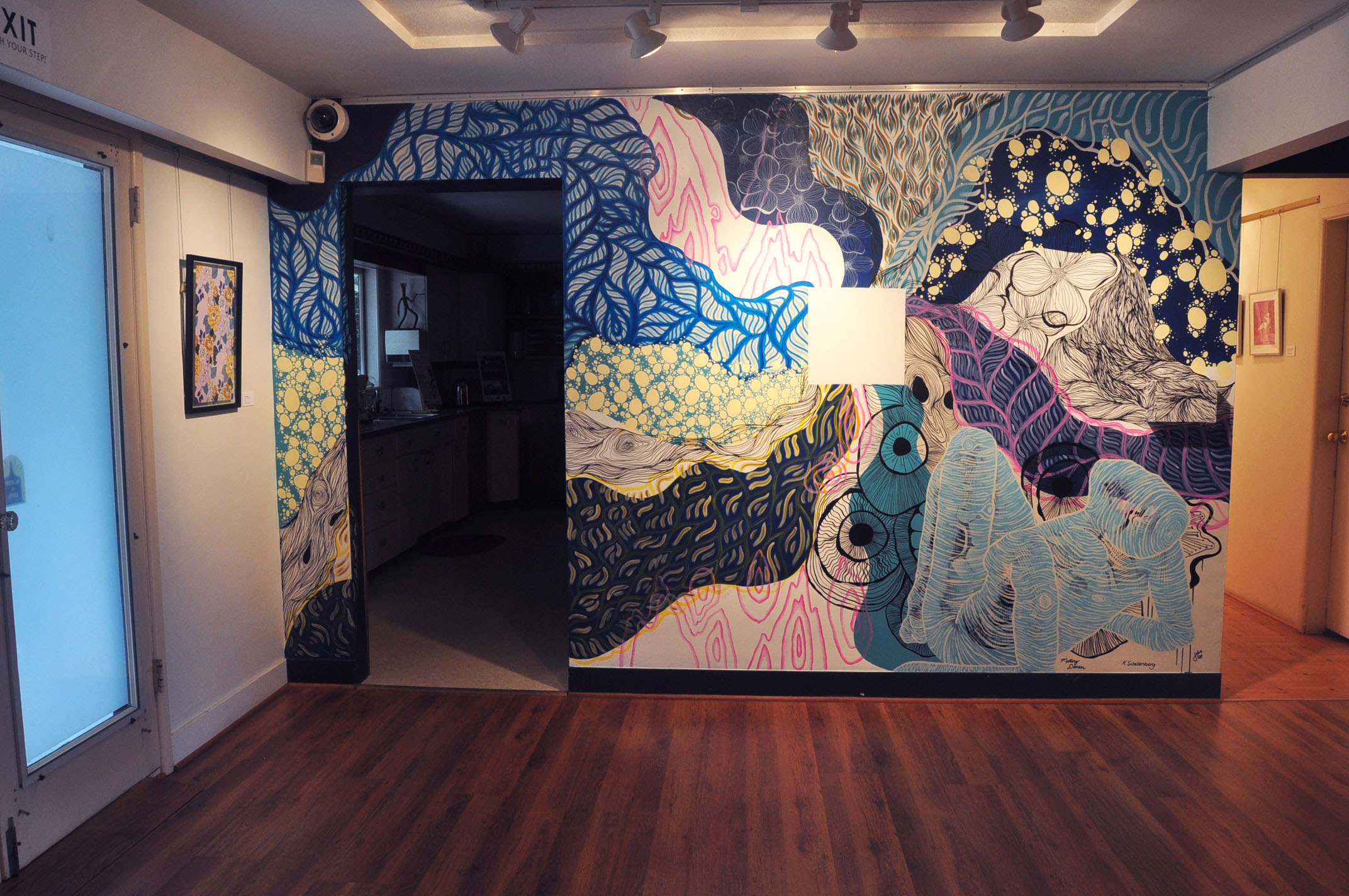 Horror Vacui , 8 ft 6 inches x 6 ft 8 inches, Acrylic paint, 2017, Mallory Donen, Julie Epp, and Kendra Schellenberg, Deer Lake Gallery, Burnaby, BC
