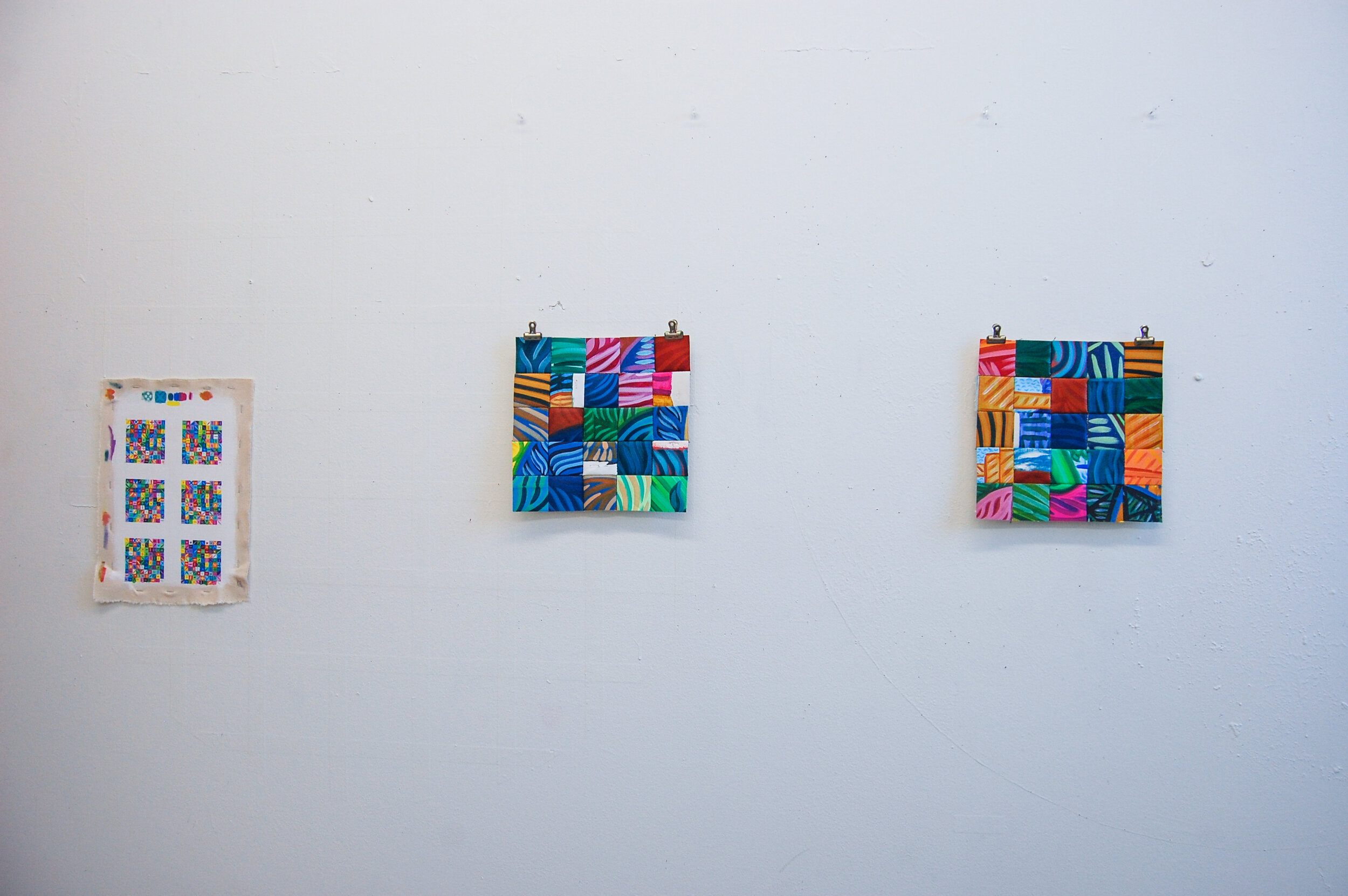 Untitled (Left), 2019, gouache, canvas, 2.5 x 2.5 inches (each square), Pattern B (Middle), 2019, canvas, embroidery floss, graphite, 9.5 x 9.5 inches, Pattern A (Right), 2019, canvas, embroidery floss, graphite, 9.5 x 9.5 inches