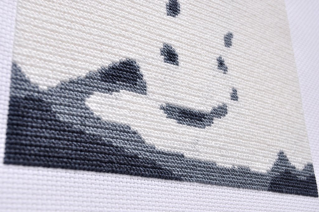  (Detail)  Becoming a Pixel - Portrait 3/5 , 2022, embroidery floss, Aida cloth⁠, 7 x 7 inches, 31.25 hours of labour 