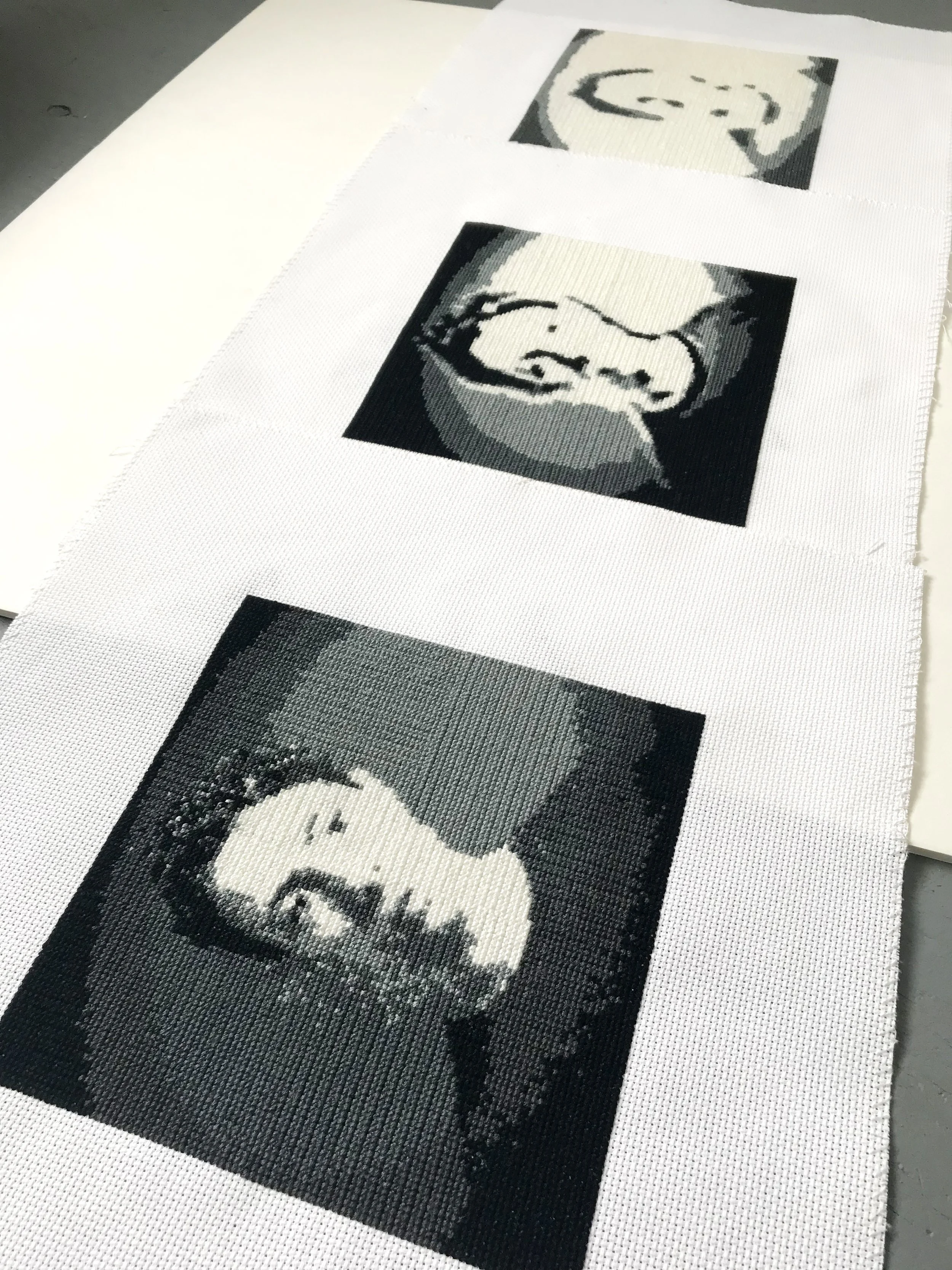   Becoming a Pixel - Portrait 1-3 , 2022, embroidery floss, Aida cloth⁠, 7 x 7 inches 