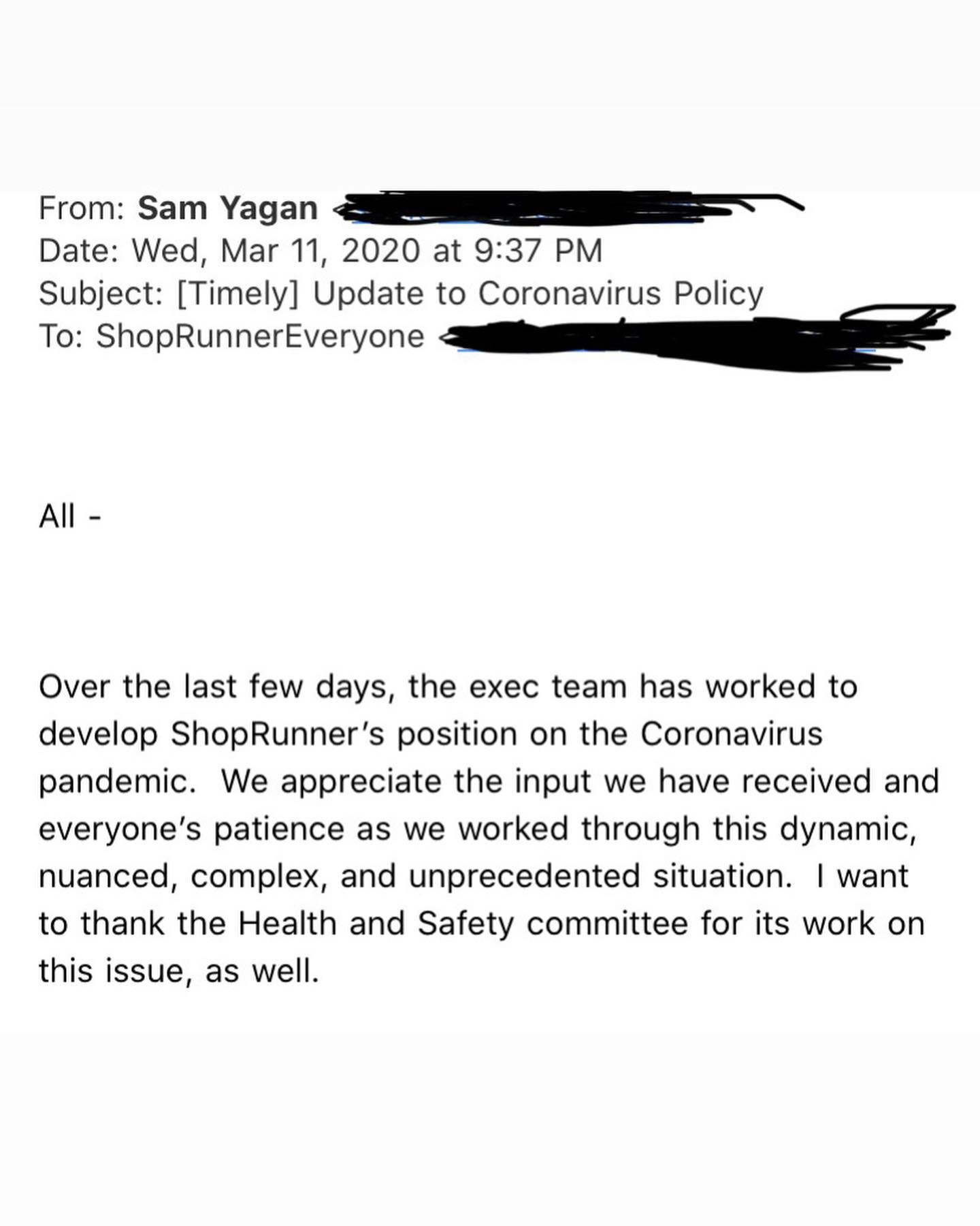 My friend shared this letter her CEO (@shoprunner ) sent out to all of them regarding coronavirus and I think I want him to maybe run for president? (Or...teach one how to lead...) but really well put thoughts on why everyone should take all the prec